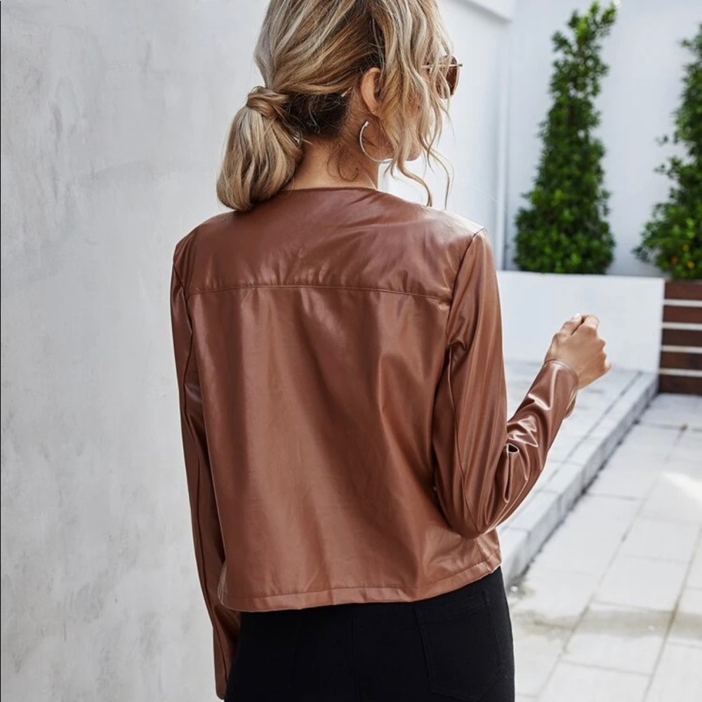Vegan leather Moto motorcycle jacket brown - Picture 2 of 6